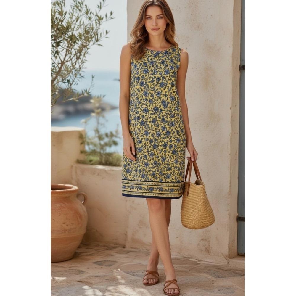 J.Jill Love Linen Shift Dress Sz XLP Yellow Blue Floral Pockets Cottage Coastal